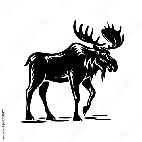 Majestic Black and White Moose Standing Proudly in Minimalistic Vector Design