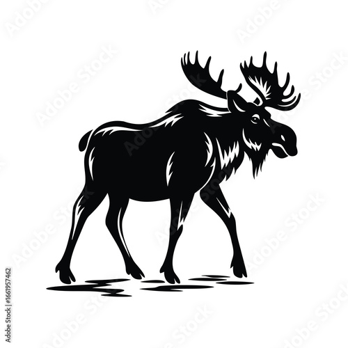 Strong Black and White Silhouette Depicting a Majestic Moose Walking Forward