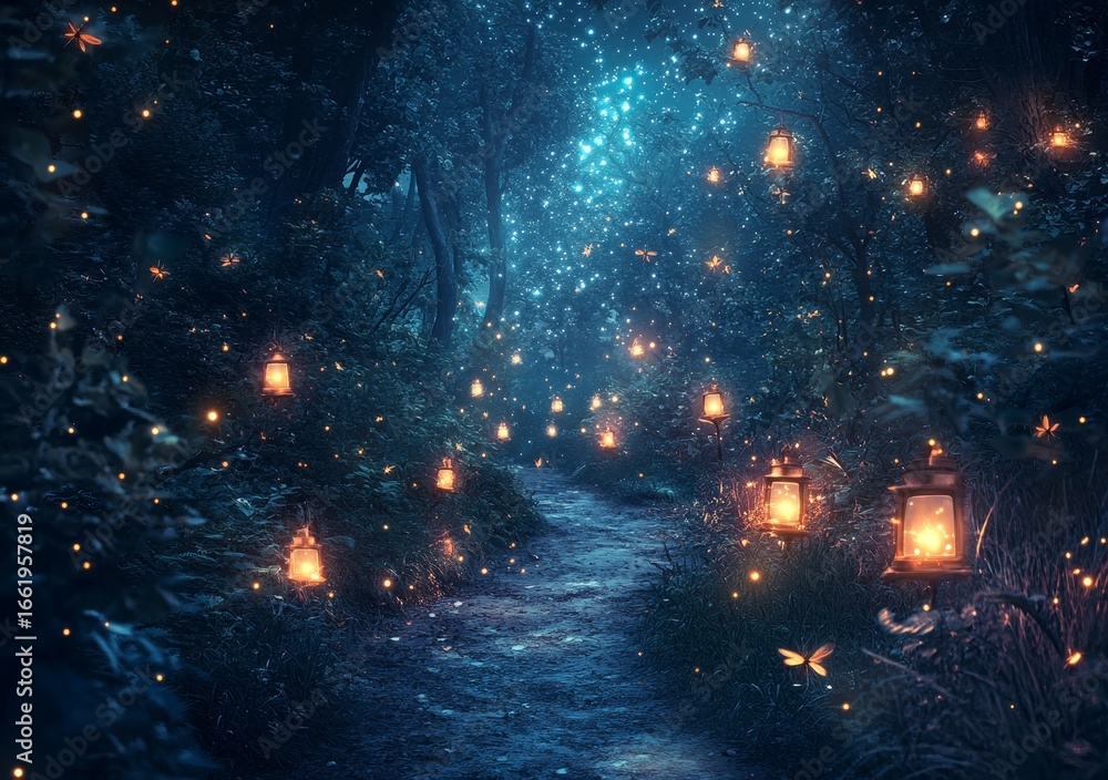 Naklejka premium A separate world deep in the forest is accessible via a winding path, perfect for inspiring fairy tale illustrations or wallpaper, with a magical atmosphere and fireflies that light up the night