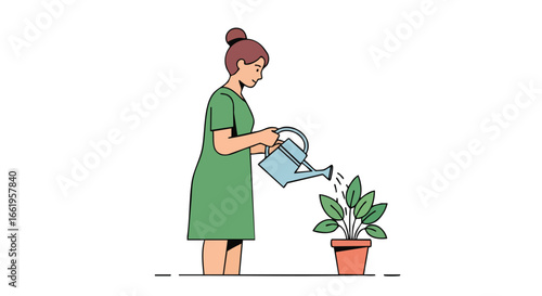 A young woman taking care of plants with a watering can with love and dedication showing care and attention to the greenery in her home environment