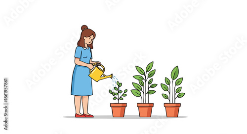 A Woman Nurturing Plant Growth with Watering Can, Demonstrating Cultivation and Development through Sequential Plant Stages on white background