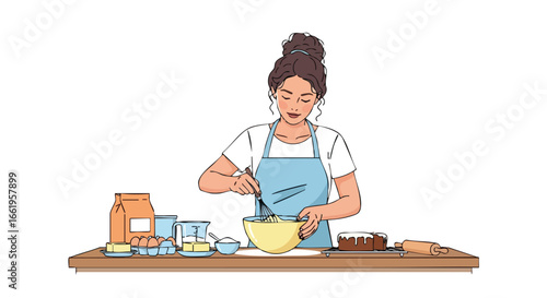 A Skilled young woman with her hair in a bun is mixing ingredients in a bowl with an apron preparing for baking session in the kitchen