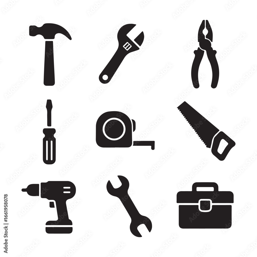 Obraz premium Hand tools silhouette icon set vector illustration