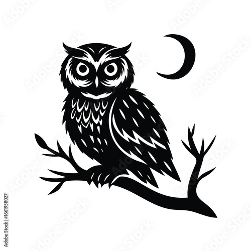 Stylized owl perched on a branch beneath a crescent moon in silhouette