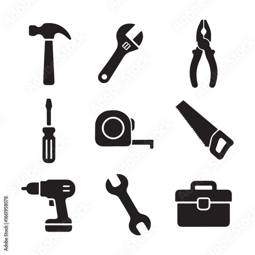 Hand tools silhouette icon set vector illustration