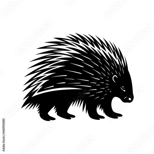 Stylized black silhouette of a porcupine walking on a white background