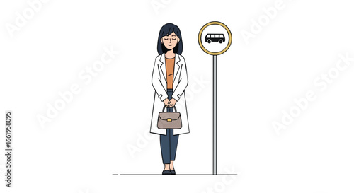 Waiting for the Bus: An Illustration of a Commuter at a Bus Stop in Minimalist Style Depicting Routine and Urban Lifestyle