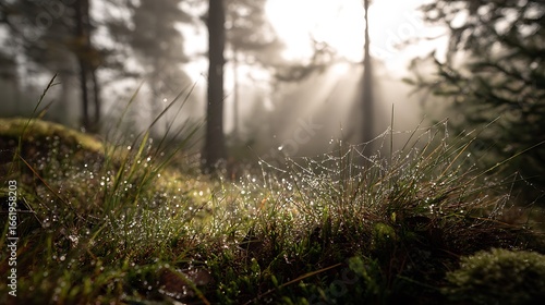 A close up of grass with water droplets and a spider web in a misty forest with sunlight shining through trees