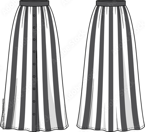 Fashion CAD drawing, long skirt vector, striped pattern, button detail, front and back view, garment sketch, apparel design, flat illustration