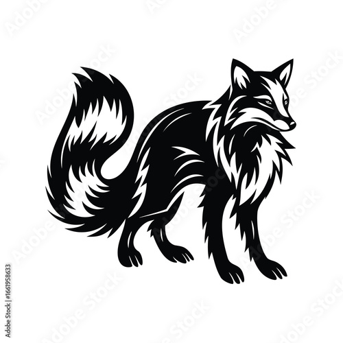 Stylized Black and White Fox Illustration with Detailed Fur Texture