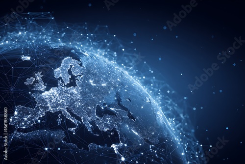 A digital illustration of the Earth with global network connections, representing connectivity and worldwide business exchange