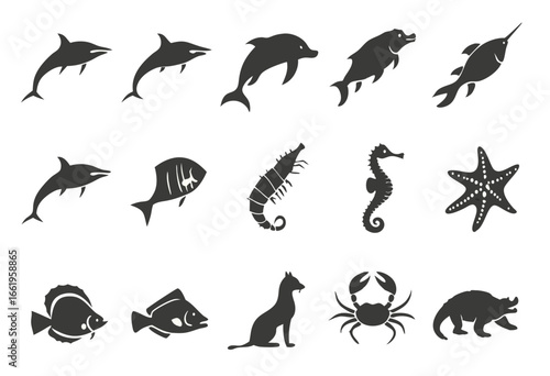 Collection of Monochrome Aquatic Life Icons: Dolphins, Fish, Seahorses, Starfish, and Crab Silhouettes.