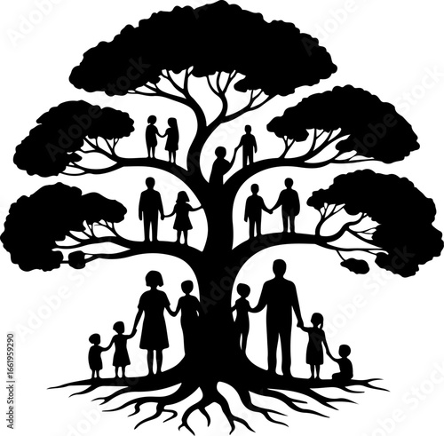 A symbolic silhouette of a large, branching tree with strong roots and multiple generations represented