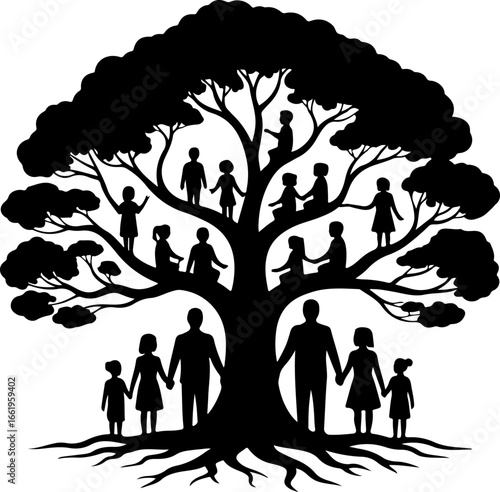 A symbolic silhouette of a large, branching tree with strong roots and multiple generations represented