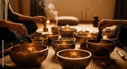 Wallpaper Mural Serene sound healing session with multiple singing bowls, incense smoke, and warm ambient light. Torontodigital.ca