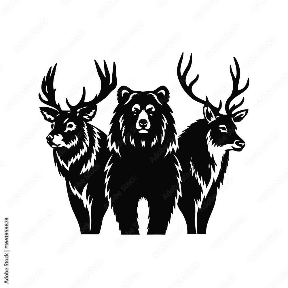 Obraz premium Black and White Graphic of a Bear and Two Deer with Antlers