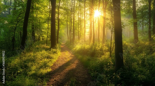 A serene forest scene unfolds at dawn, with mist gently drifting through the trees, a moss and fern carpet underfoot, and dew-kissed spider webs, all blending in flawless natural harmony