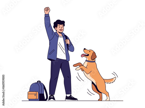 Cheerful Encounter: A joyous reunion of a person and their playful dog, capturing the essence of friendship and companionship with a sense of freedom.