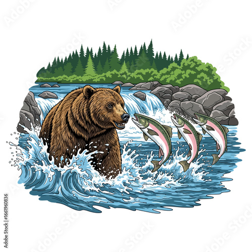 Grizzly bear catches a leaping salmon in a rushing river.