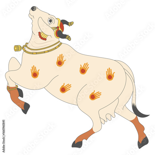 Sacred Indian Cow Pichwai Mughal Style Illustration with Traditional Ornaments and Hand Motifs