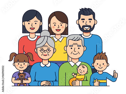 Unified Family Portrait: A close-knit family, radiating warmth and togetherness. In this vibrant illustration, family members of diverse ages, coming together to express joy. 