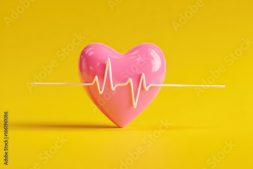 Colorful pink heart with heartbeat line on yellow background creates a vibrant and cheerful visual representation of love and life