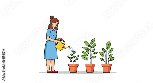 A Woman Nurturing Plant Growth with Watering Can, Demonstrating Cultivation and Development through Sequential Plant Stages on white background