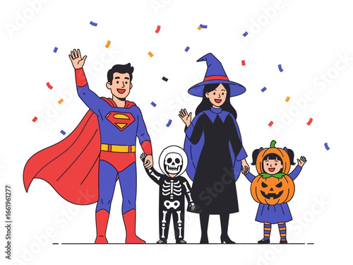 Spooktacular Family Halloween: A family dressed in diverse Halloween costumes. The illustration showcases a dad in Superman attire, a mom in a witch costume.