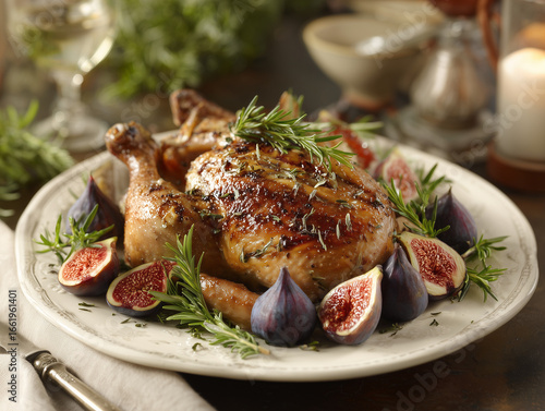 Guinea fowl roasted, plated with rosemary garnish and figsa