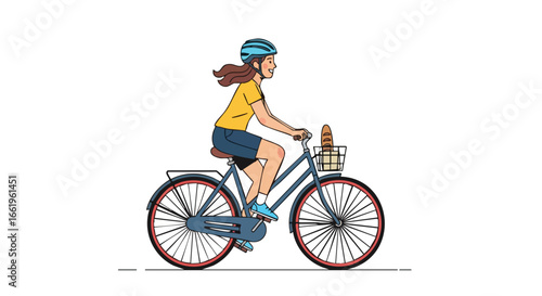 Stylized illustration featuring a woman cycling with a baguette in the front basket with safety helmet demonstrating eco-friendly transportation