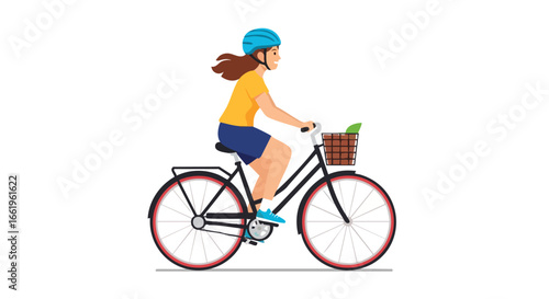 Animated illustration of a woman wearing a helmet and riding a bicycle with a basket for urban mobility and sustainability in eco-friendly