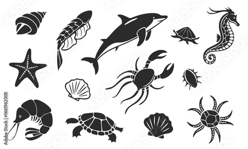 Collection of small sea animal silhouettes for logo design