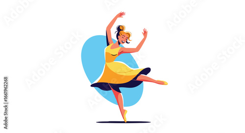 Elegant dancer in yellow dress performs a ballet move with grace and poise in a stylized illustration against a light blue backdrop