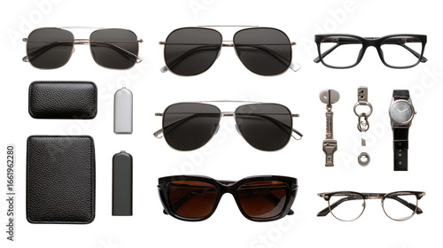 High-End Designer Sunglasses: A flat lay of high-end designer sunglasses with sleek frames, isolated on a Transparent background, PNG file.