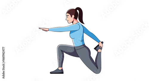 Dynamic Stretching Routine: Focused Woman Warming Up Leg Muscles with Precision Stance Preparing for Training Session, Illustrative Fitness Art