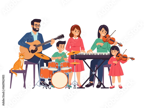 Harmonious Family Band Performance: A family unites through the universal language of music, showcasing their talents with a guitar, drums, keyboard, and violins creating musical harmony.