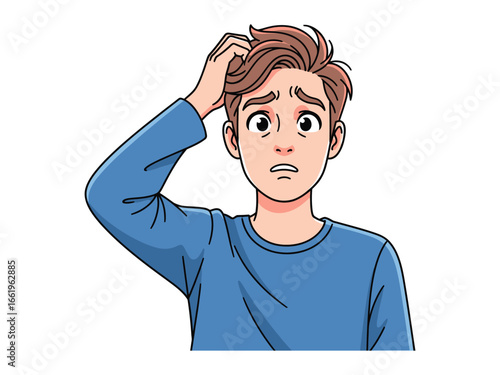 Doubt and Confusion: A young man, overwhelmed by uncertainty, scratches his head in a moment of intense thought.