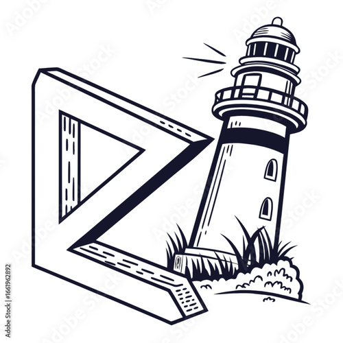 A beacon of navigation, this tall lighthouse vector illustration stands prominently on a white background against the blue sky, guiding sailors along the coast