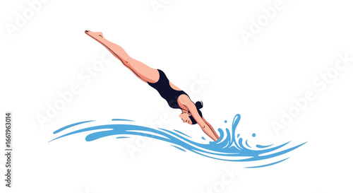 Graceful aquatic dive illustration showcasing the precision of a poised female swimmer entering cool waters with dynamic splash elements