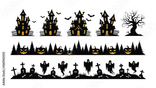 Haunted Halloween Elements: A captivating set of spooky illustrations and decorative elements including haunted houses, grinning jack-o'-lanterns, ominous ghosts.