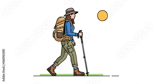 Illustrated woman exploring outdoors, wearing a hat, backpack, and using trekking poles, with the sun shining in a serene landscape view
