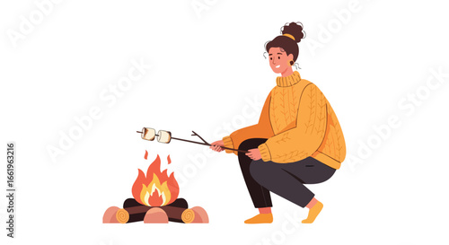 Campfire Delight: Woman Roasting Marshmallows Over a Cozy Fire Pit Experience Depicted in Flat Illustration