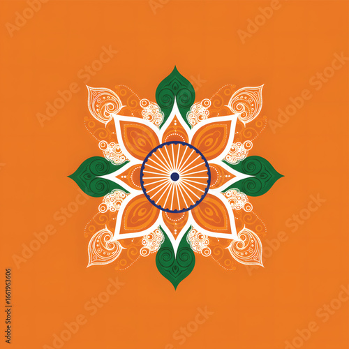 A decorative floral mandala in the colors of the Indian flag, with the Ashoka Chakra at its center.