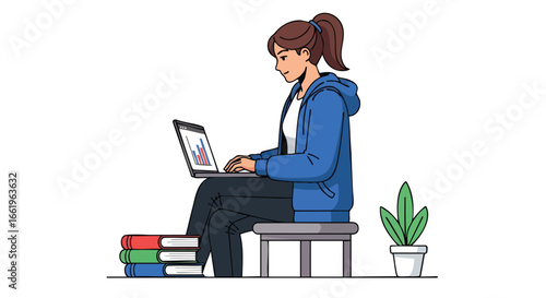 Illustrative depiction of a woman studying remotely with a laptop, creating relaxed atmosphere and focus on modern education, emphasizing digital