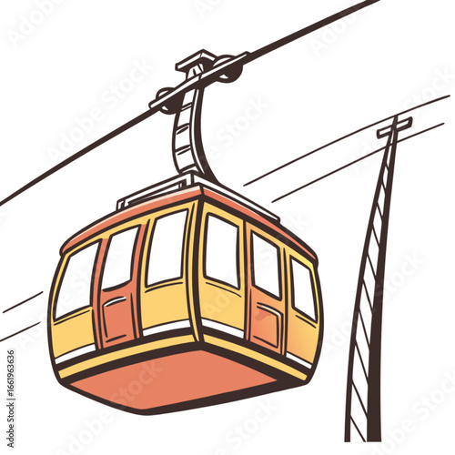 An aerial vector illustration of a glass train and ship traveling along a wire cable bridge under a blue sky