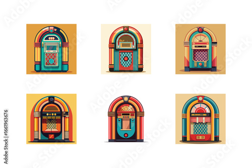 Six retro jukebox illustrations with colorful designs