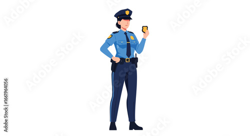 Female police officer presenting her badge, a symbol of authority and dedication to upholding the law and ensuring community safety