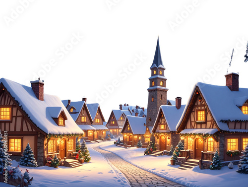 Whimsical Miniature Village with Glowing Windows Under Full Moon and Starry Sky, Front View, Isolated on Transparent Background