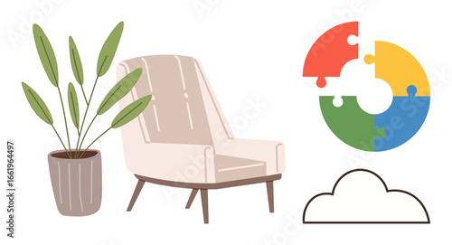 Armchair with wooden legs, potted green plant, multicolor puzzle chart, and cloud outline. Ideal for relaxation, interior design, collaboration, brainstorming, innovation simplicity and creativity