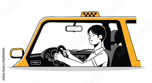 Woman navigating a yellow taxi with focused concentration, conveying urban transit and independent driving experiences in the city environment